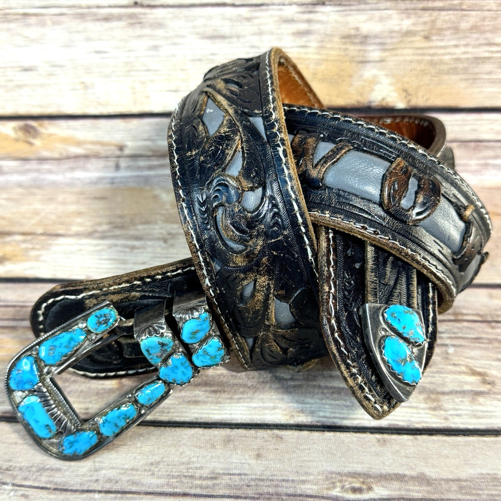 Vtg Angie C Zuni Sterling Silver & Turquoise Ranger Buckle Set Leather Belt